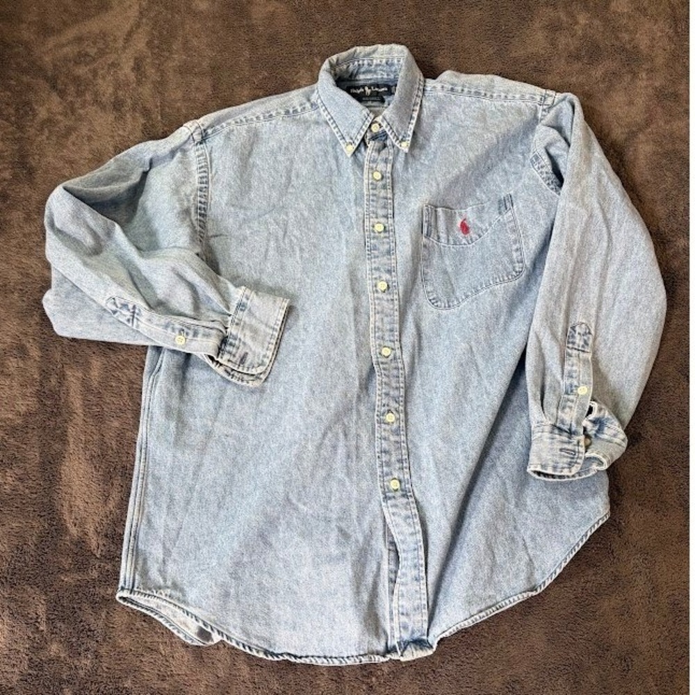 Polo Ralph Lauren Big Shirt Mens Medium Light Wash Denim Button Down Long Sleeve
